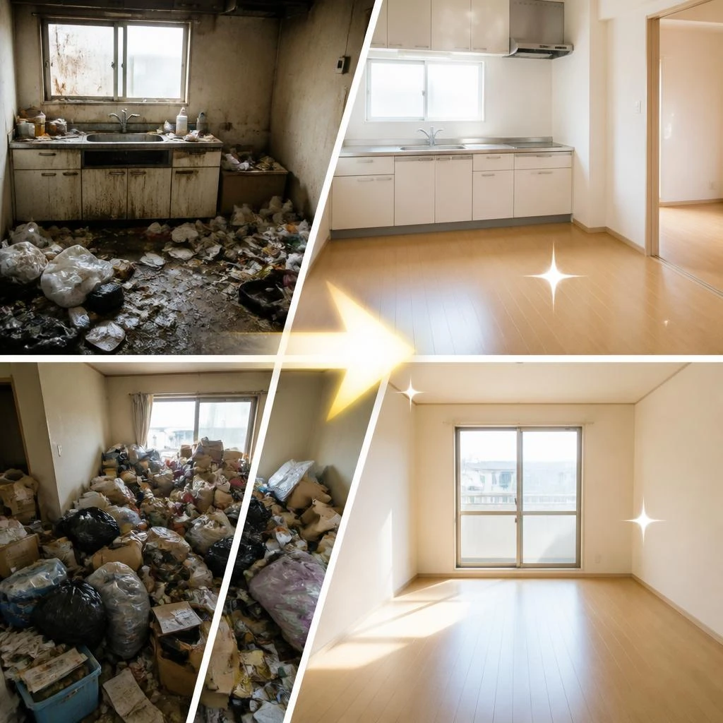 不動産の悩みを即解決！夜逃げや孤独死、ゴミ屋敷の原状回復と家財買取はお任せください。