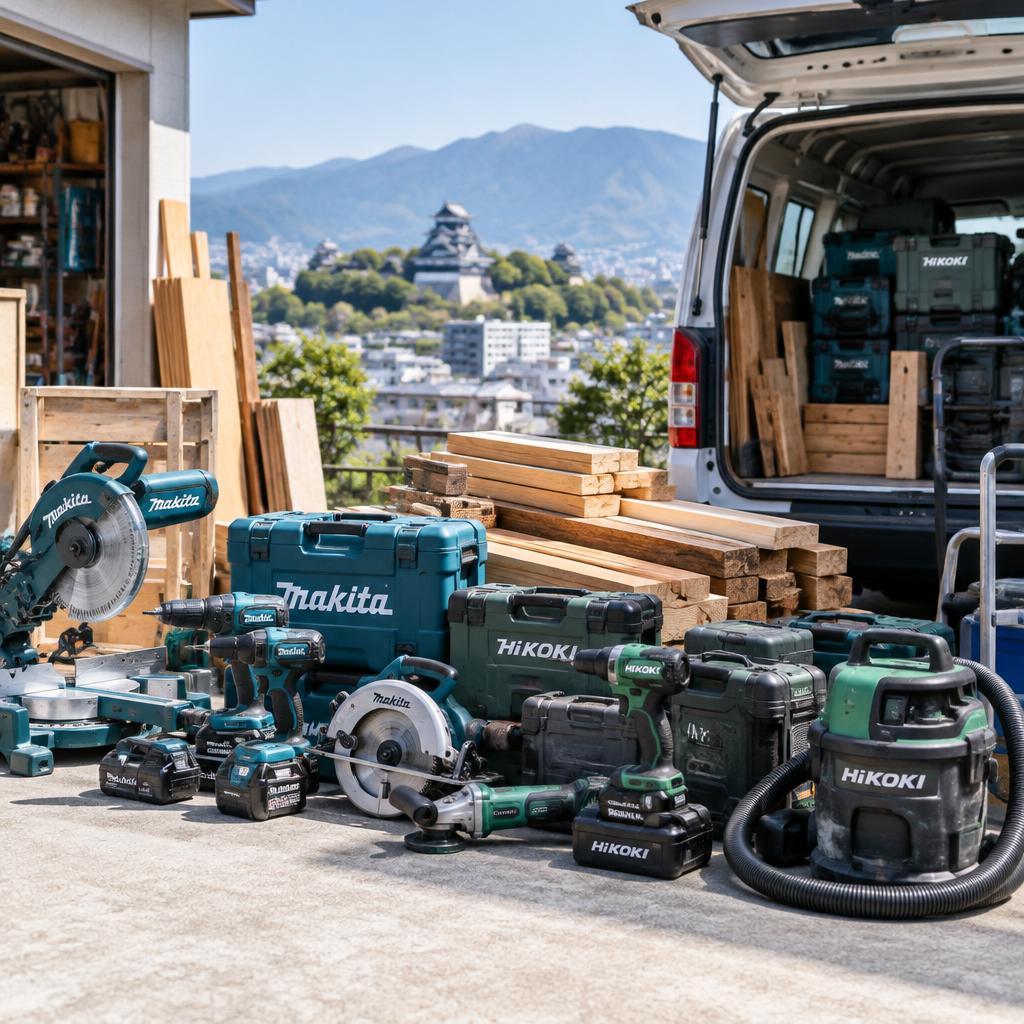使わない電動工具も、余った木材もまとめてスッキリ。マキタ・ハイコーキの査定から処分のお手伝いまで、熊本県内へ出張します。