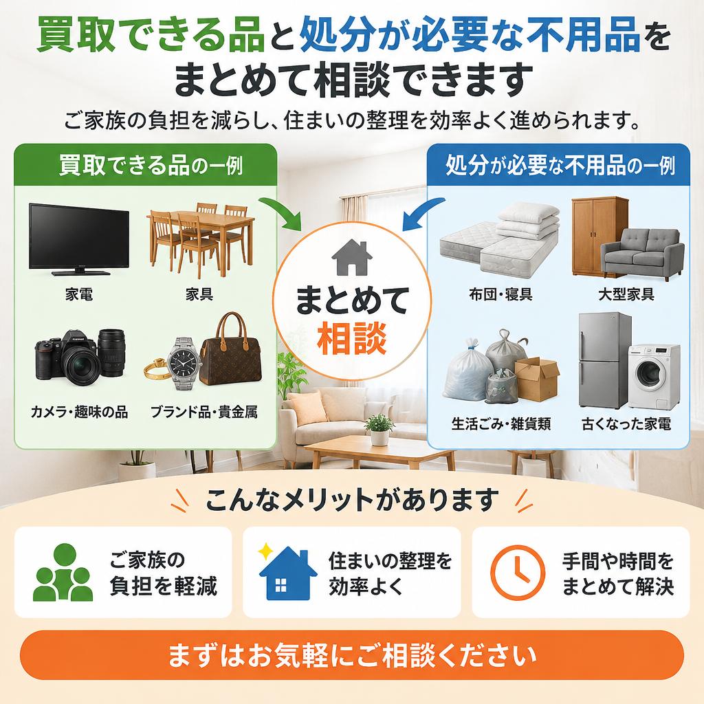 買取も不用品回収もまとめて。入所前の片付けをすっきりサポート