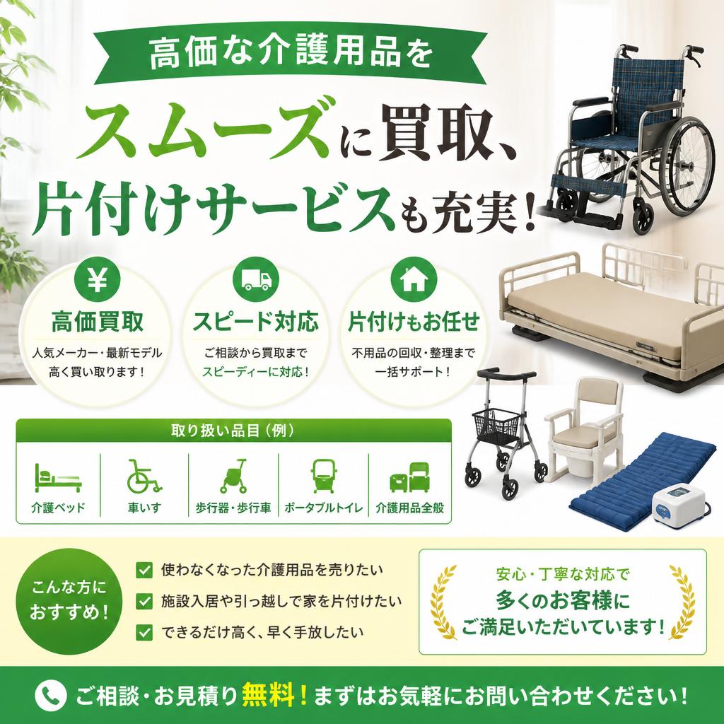 高価な介護用品をスムーズに買取、片付けサービスも充実！