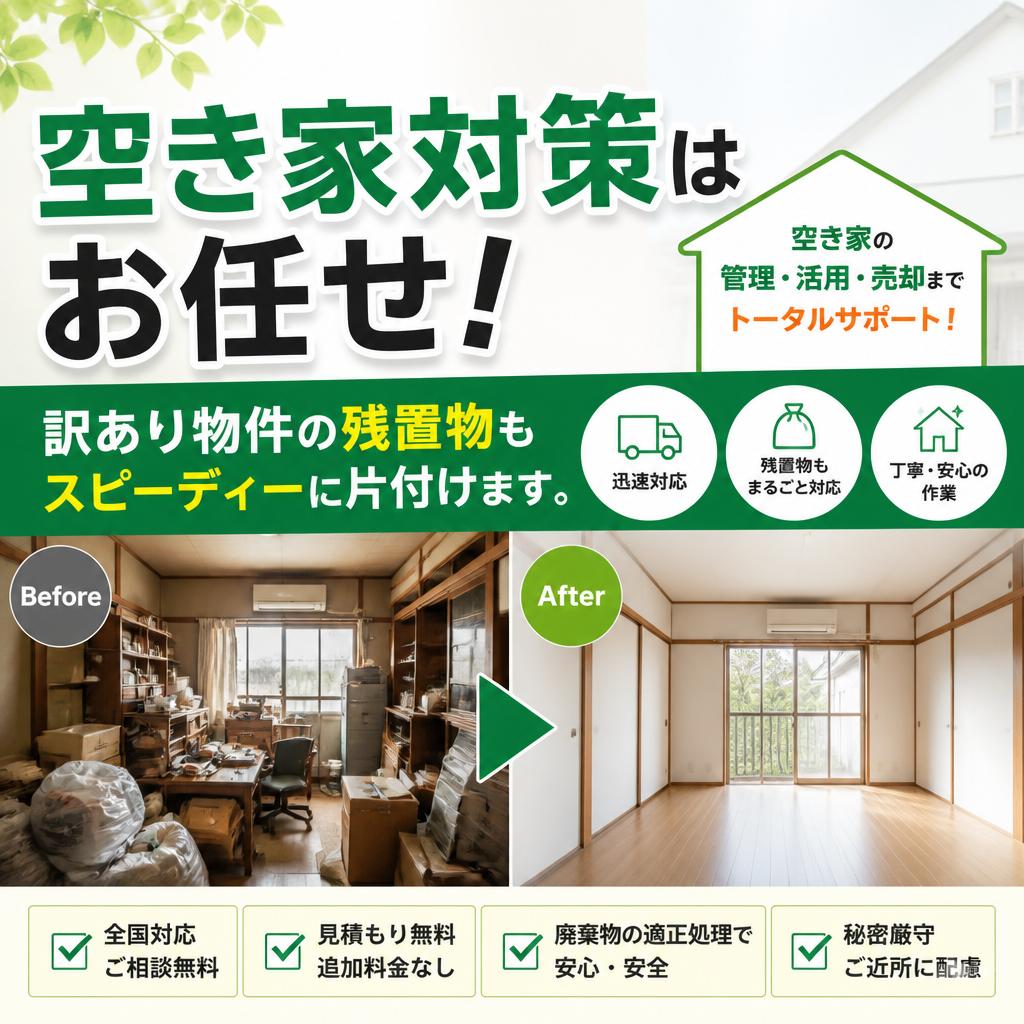 空き家対策はお任せ！訳あり物件の残置物もスピーディーに片付けます。