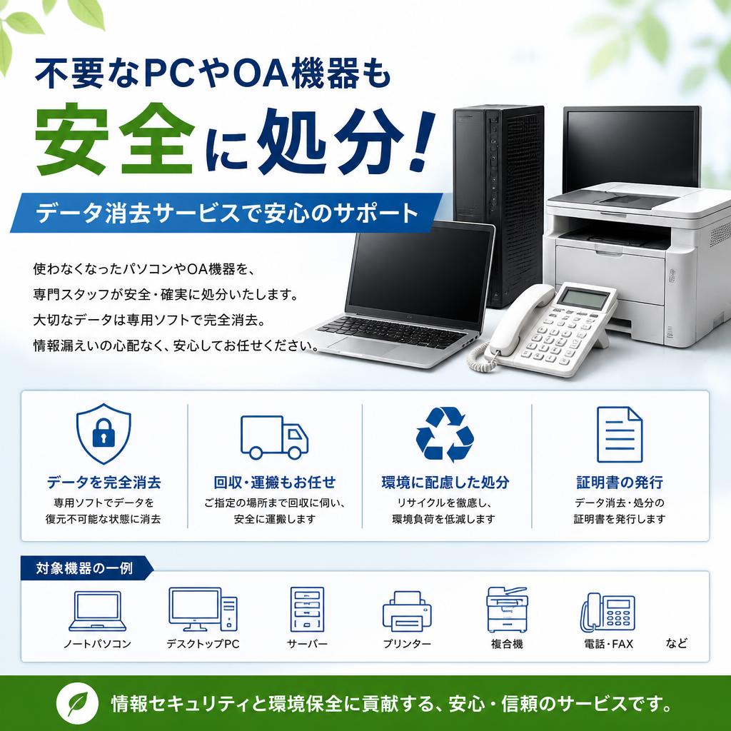 不要なPCやOA機器も安全に処分！データ消去サービスで安心のサポート