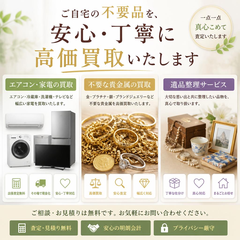 貴金属買取と遺品整理サービスのご紹介