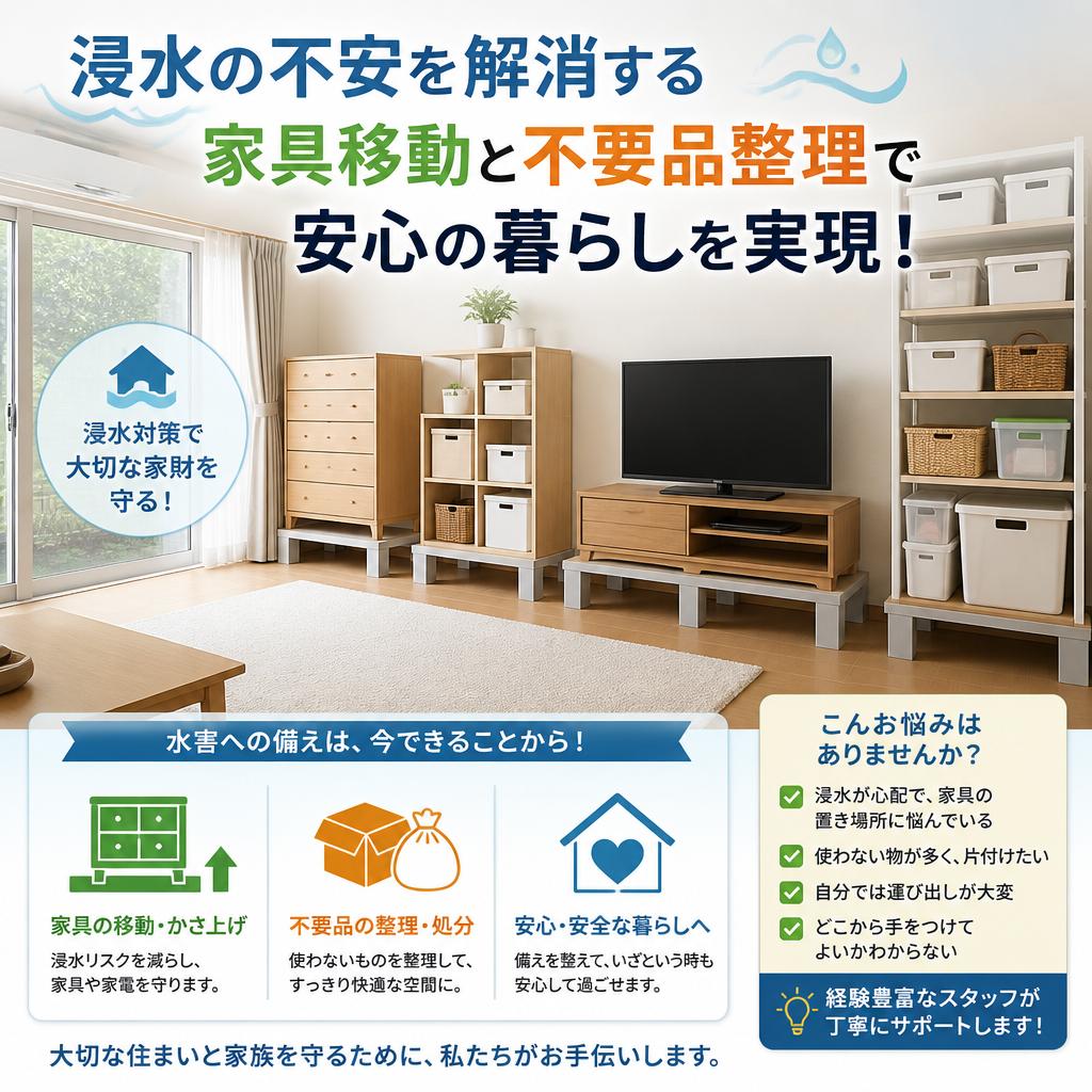 浸水の不安を解消する家具移動と不要品整理で、安心の暮らしを実現！
