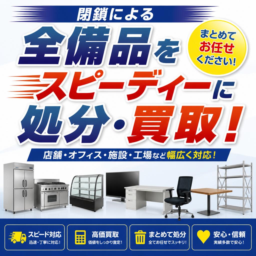 閉鎖による全備品をスピーディーに処分・買取！